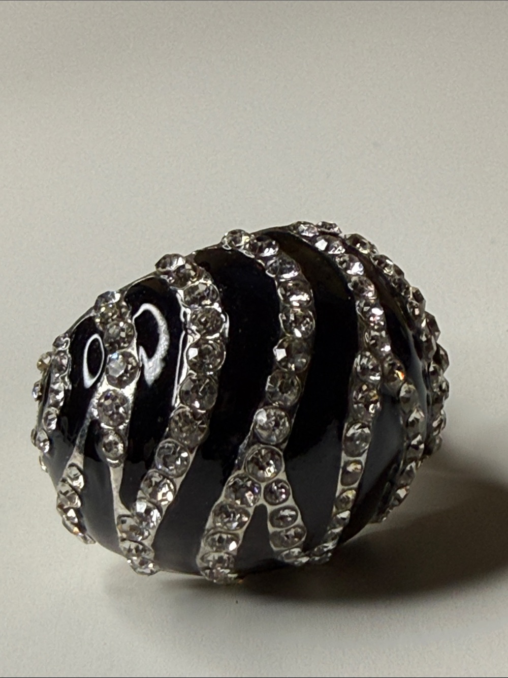 Vintage stretch art deco dome Black enamel pave rhinestone bling ring.